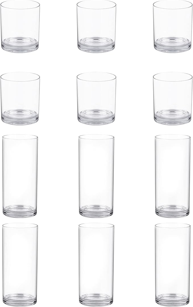 12 Pack Plastic cups, Clear Tumblers, 6 each: 12 ounce and 16 ounce Water Drinking Cups, Reusable Drinking Glasses Set