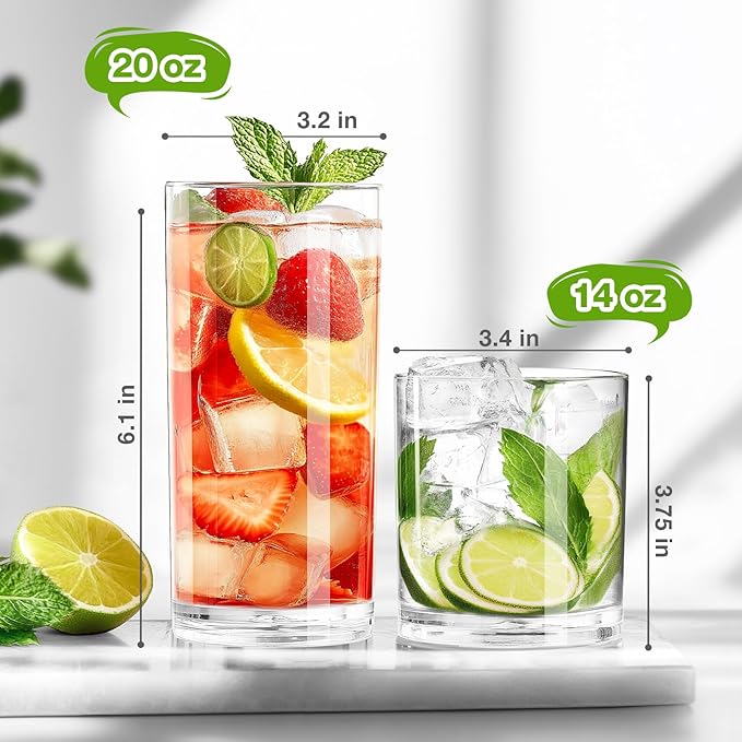 Plastic Drinking Glasses Set of 8, 14oz Rocks & 20oz Water Cups, Unbreakable Plastic Glasses Drinkware, Clear Kitchen Tumblers for Home & Outdoors, Reusable , BPA-Free, Top-Rack Dishwasher Safe