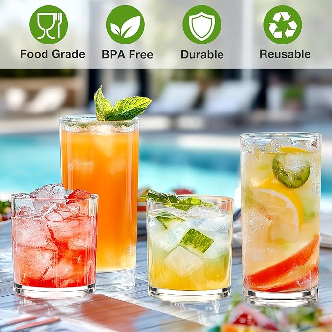 Plastic Drinking Glasses Set of 8, 14oz Rocks & 20oz Water Cups, Unbreakable Plastic Glasses Drinkware, Clear Kitchen Tumblers for Home & Outdoors, Reusable , BPA-Free, Top-Rack Dishwasher Safe