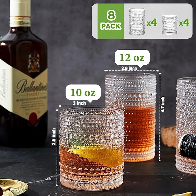 Vintage Drinking Glasses Set of 8, 12 oz Highball Glasses & 10 oz Cocktail Glasses Set, Kitchen Water Glasses Cup, Bar Tumbler Glassware Set for Beer, Juice, Cocktail, Whiskey, Milk