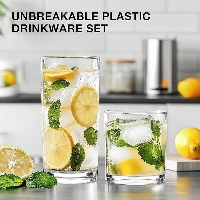Plastic Drinking Glasses Set of 8, 14oz Rocks & 20oz Water Cups, Unbreakable Plastic Glasses Drinkware, Clear Kitchen Tumblers for Home & Outdoors, Reusable , BPA-Free, Top-Rack Dishwasher Safe