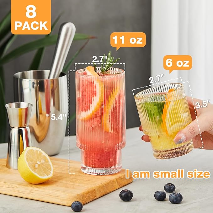 Small 8 Pack Drinking Glasses, 4pcs Highball Glasses (11oz) & 4pcs Rocks Glasses (6oz), Vintage Glass Cups, Elegant Ribbed Glassware, Iced Coffee Glasses, Glass Tumbler for Cocktail, Whiskey, Juice