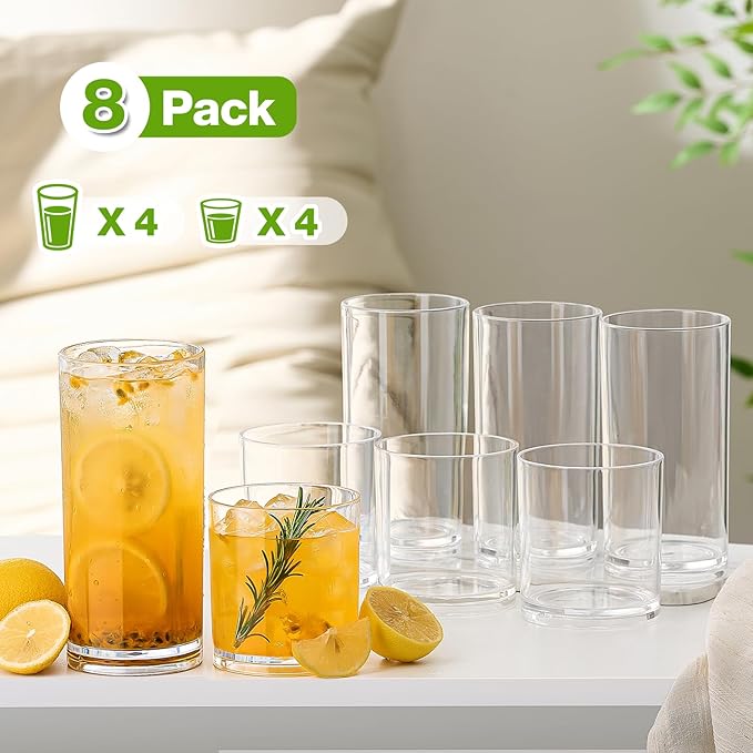 Plastic Drinking Glasses Set of 8, 14oz Rocks & 20oz Water Cups, Unbreakable Plastic Glasses Drinkware, Clear Kitchen Tumblers for Home & Outdoors, Reusable , BPA-Free, Top-Rack Dishwasher Safe