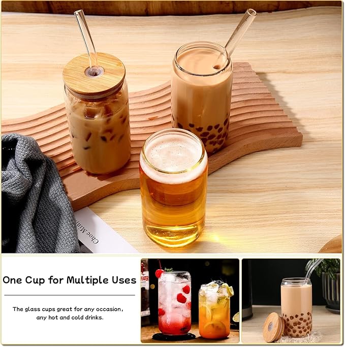 Glass Cups with Lids and Straws 4 pcs,16oz Drinking Glasses Set for Coffee Bar Accessories Iced Coffee Cups with Lids,Glass Tumbler Reusable for Gifts