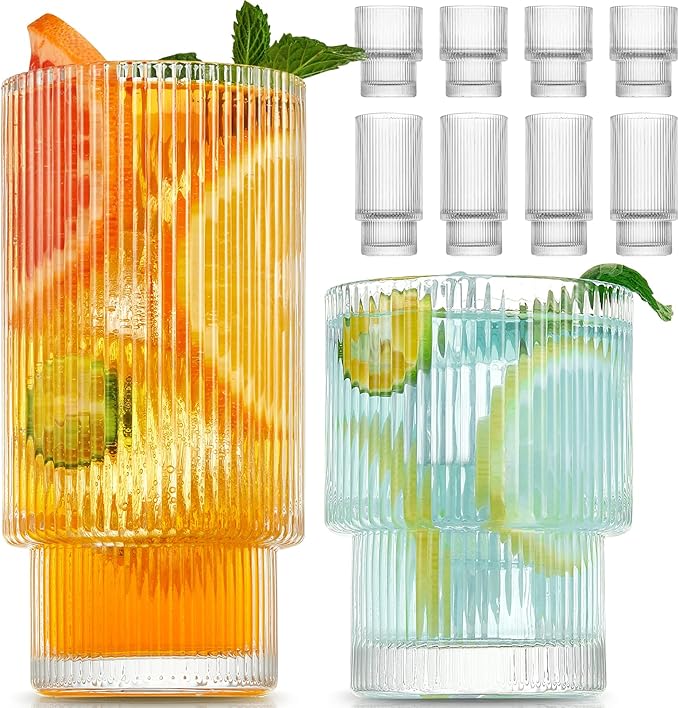 Small 8 Pack Drinking Glasses, 4pcs Highball Glasses (11oz) & 4pcs Rocks Glasses (6oz), Vintage Glass Cups, Elegant Ribbed Glassware, Iced Coffee Glasses, Glass Tumbler for Cocktail, Whiskey, Juice