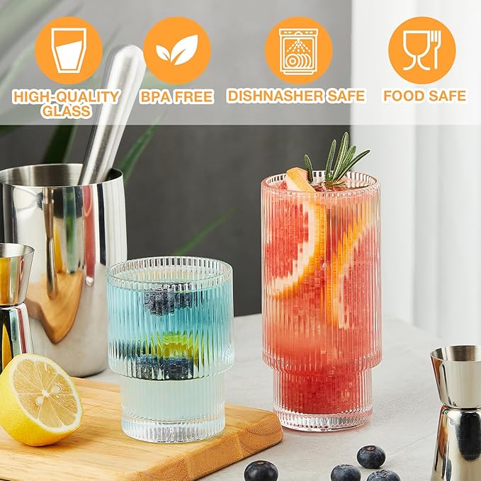 Small 8 Pack Drinking Glasses, 4pcs Highball Glasses (11oz) & 4pcs Rocks Glasses (6oz), Vintage Glass Cups, Elegant Ribbed Glassware, Iced Coffee Glasses, Glass Tumbler for Cocktail, Whiskey, Juice
