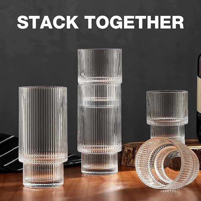 Small 8 Pack Drinking Glasses, 4pcs Highball Glasses (11oz) & 4pcs Rocks Glasses (6oz), Vintage Glass Cups, Elegant Ribbed Glassware, Iced Coffee Glasses, Glass Tumbler for Cocktail, Whiskey, Juice