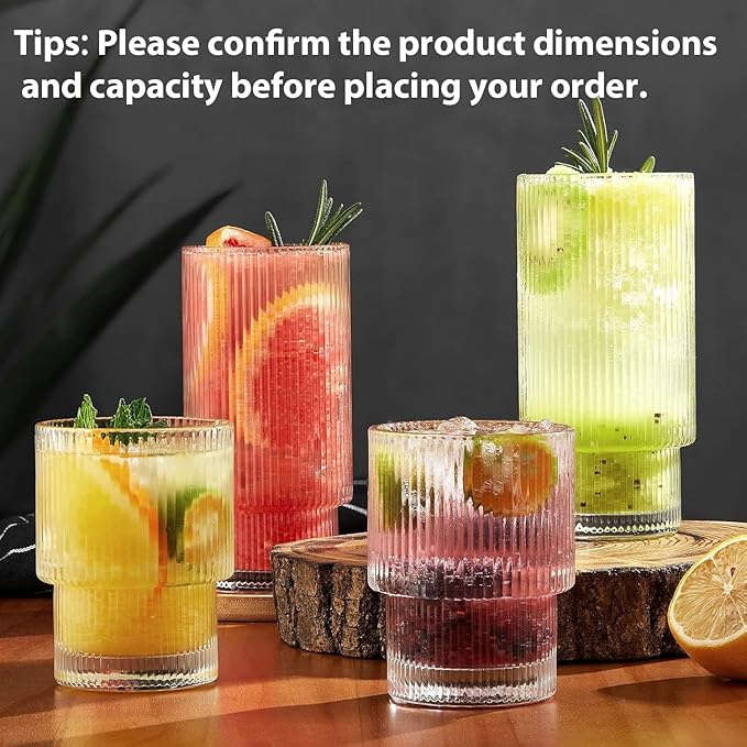 Small 8 Pack Drinking Glasses, 4pcs Highball Glasses (11oz) & 4pcs Rocks Glasses (6oz), Vintage Glass Cups, Elegant Ribbed Glassware, Iced Coffee Glasses, Glass Tumbler for Cocktail, Whiskey, Juice