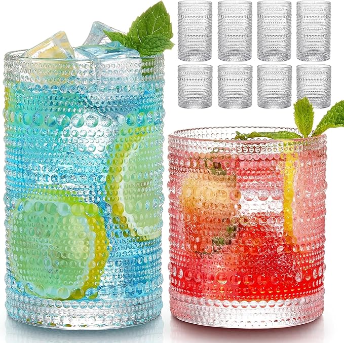 Vintage Drinking Glasses Set of 8, 12 oz Highball Glasses & 10 oz Cocktail Glasses Set, Kitchen Water Glasses Cup, Bar Tumbler Glassware Set for Beer, Juice, Cocktail, Whiskey, Milk