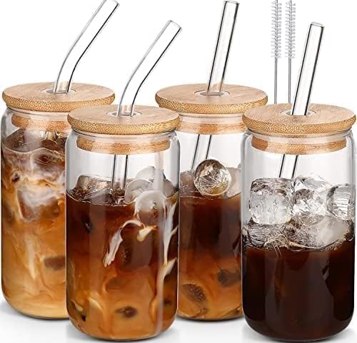 Glass Cups with Lids and Straws 4 pcs,16oz Drinking Glasses Set for Coffee Bar Accessories Iced Coffee Cups with Lids,Glass Tumbler Reusable for Gifts