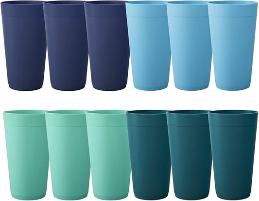 20 ounce Unbreakable Plastic Stackable Water Tumblers in 4 Coastal Colors | Set of 12 Drinking Cups | Reusable, BPA-free, Top-rack Dishwasher and Microwave Safe