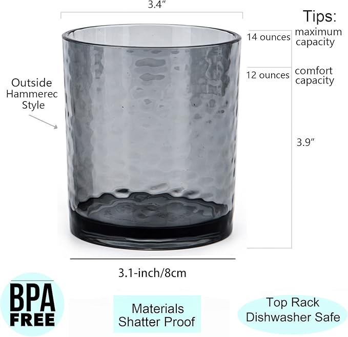 14-ounce and 20-ounce Acrylic Glasses Plastic Tumbler, set of 8 Smoky Grey - Hammered Style, Dishwasher Safe, BPA Free