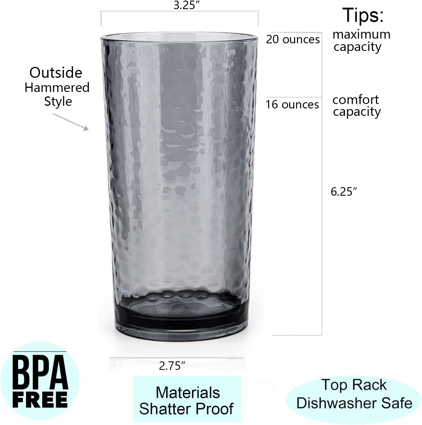 14-ounce and 20-ounce Acrylic Glasses Plastic Tumbler, set of 8 Smoky Grey - Hammered Style, Dishwasher Safe, BPA Free