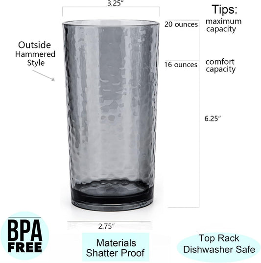 14-ounce and 20-ounce Acrylic Glasses Plastic Tumbler, set of 8 Smoky Grey - Hammered Style, Dishwasher Safe, BPA Free