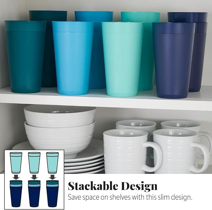 20 ounce Unbreakable Plastic Stackable Water Tumblers in 4 Coastal Colors | Set of 12 Drinking Cups | Reusable, BPA-free, Top-rack Dishwasher and Microwave Safe