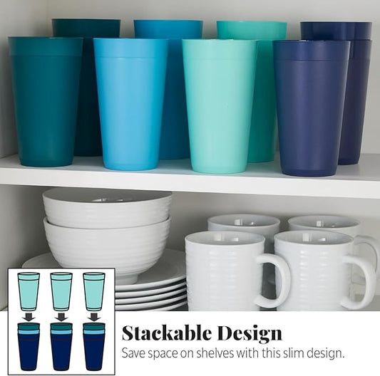 20 ounce Unbreakable Plastic Stackable Water Tumblers in 4 Coastal Colors | Set of 12 Drinking Cups | Reusable, BPA-free, Top-rack Dishwasher and Microwave Safe