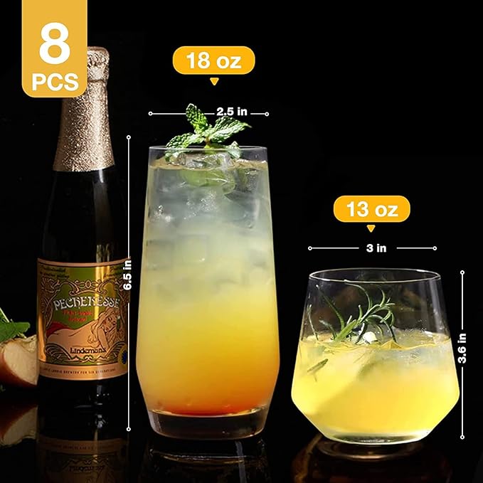 Drinking Glasses Set of 8-4 Tall Glass Cups 18 oz & 4 Short Stemless Wine Glasses 13 oz, Highball Glasses, Glassware Sets for Cocktail, Beer, Wine, Whiskey, Water & Juice Drinkware