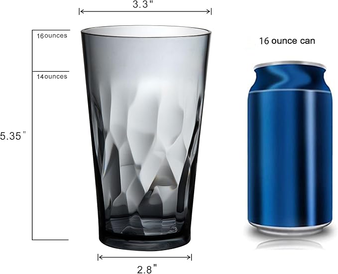 Unbreakable Plastic Drinking Glasses, Set of 6, Shatterproof Drinking Cups, Plastic glass cup,16 oz plastic Tumbler Cups,Dishwasher Safe (Grey)
