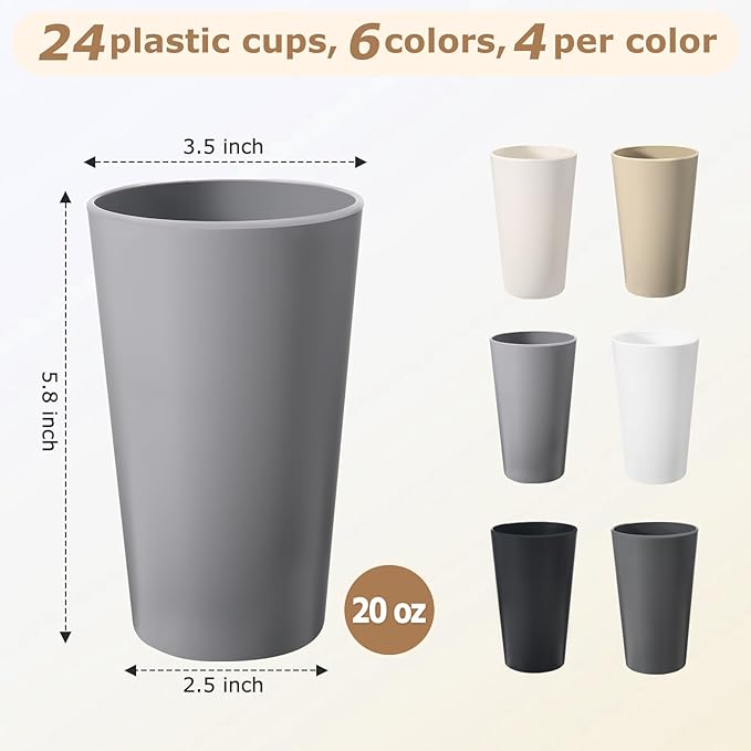 24 Pcs Unbreakable Plastic Cups Set, 20 oz Reusable Plastic Cups, Stackable Water Tumblers, Drinking Cup for Kitchen, Outdoor, BPA-free, Dishwasher Refrigerator and Microwave Safe (20 oz, 6 Colors)