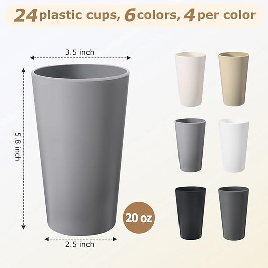 24 Pcs Unbreakable Plastic Cups Set, 20 oz Reusable Plastic Cups, Stackable Water Tumblers, Drinking Cup for Kitchen, Outdoor, BPA-free, Dishwasher Refrigerator and Microwave Safe (20 oz, 6 Colors)
