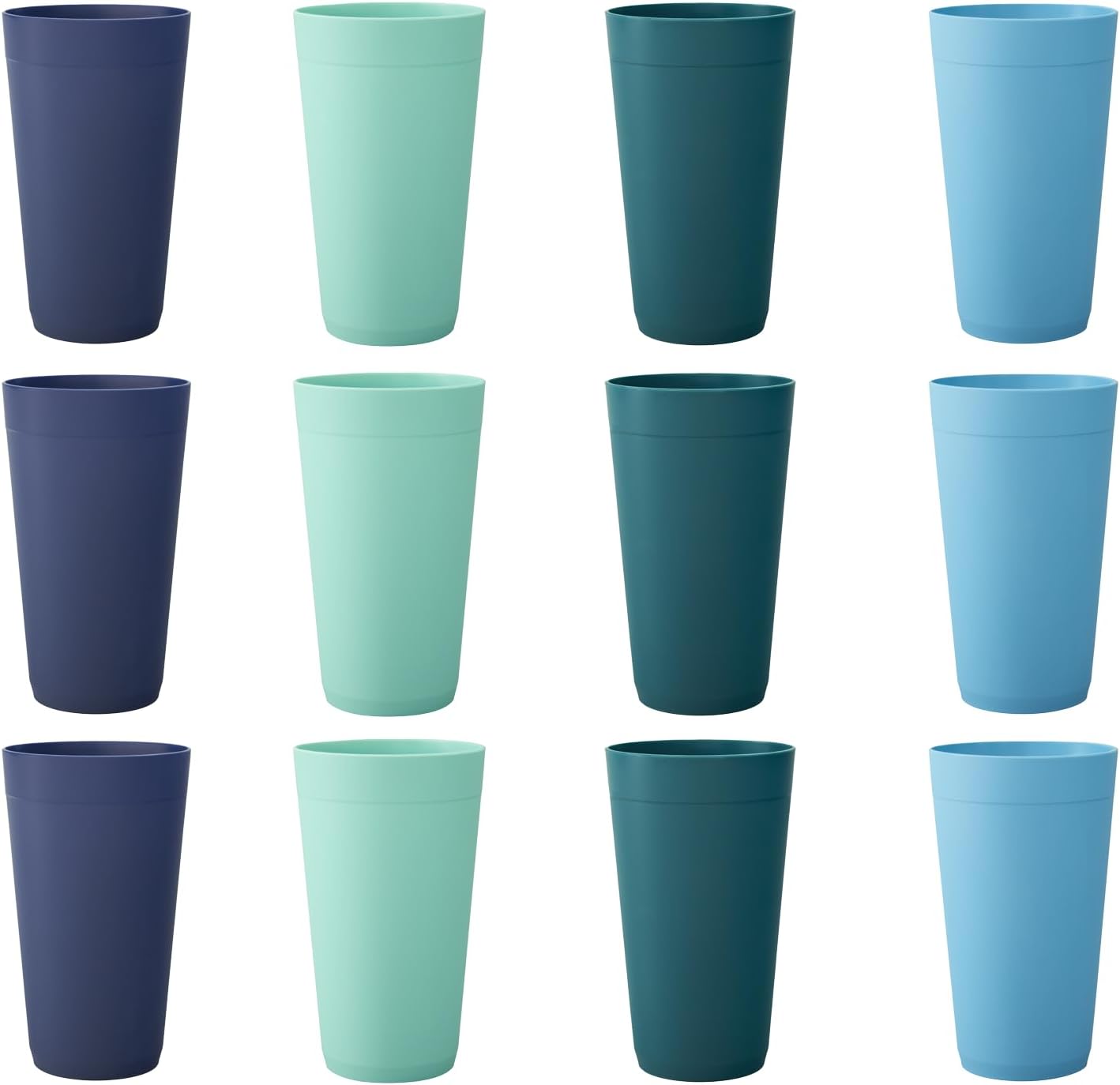 20 ounce Unbreakable Plastic Stackable Water Tumblers in 4 Coastal Colors | Set of 12 Drinking Cups | Reusable, BPA-free, Top-rack Dishwasher and Microwave Safe
