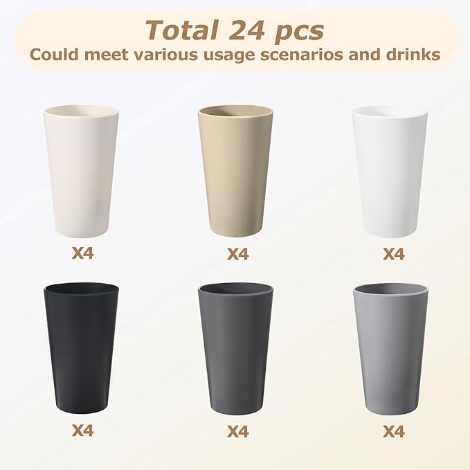 24 Pcs Unbreakable Plastic Cups Set, 20 oz Reusable Plastic Cups, Stackable Water Tumblers, Drinking Cup for Kitchen, Outdoor, BPA-free, Dishwasher Refrigerator and Microwave Safe (20 oz, 6 Colors)