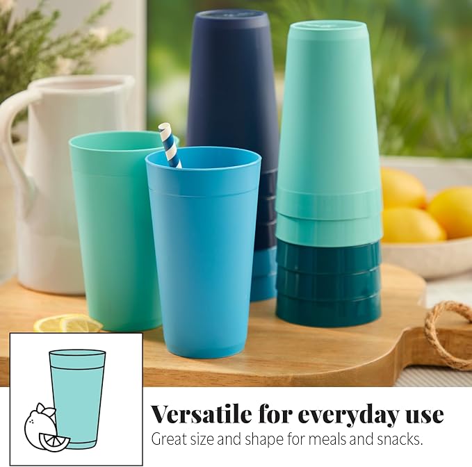 20 ounce Unbreakable Plastic Stackable Water Tumblers in 4 Coastal Colors | Set of 12 Drinking Cups | Reusable, BPA-free, Top-rack Dishwasher and Microwave Safe