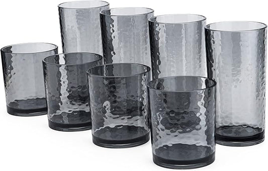 14-ounce and 20-ounce Acrylic Glasses Plastic Tumbler, set of 8 Smoky Grey - Hammered Style, Dishwasher Safe, BPA Free