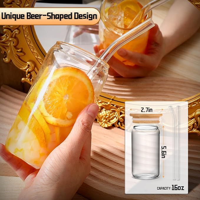 Glass Cups with Lids and Straws 4 pcs,16oz Drinking Glasses Set for Coffee Bar Accessories Iced Coffee Cups with Lids,Glass Tumbler Reusable for Gifts