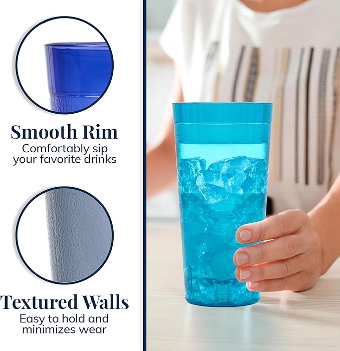 Cafe Plastic Reusable Tumblers (Set of 16) 20-ounce Water Cups Coastal Colors | Restaurant Style Drinking Glasses Value Set, Stackable, BPA-free,Top-rack Dishwasher Safe