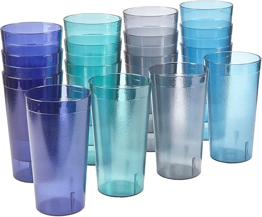Cafe Plastic Reusable Tumblers (Set of 16) 20-ounce Water Cups Coastal Colors | Restaurant Style Drinking Glasses Value Set, Stackable, BPA-free,Top-rack Dishwasher Safe