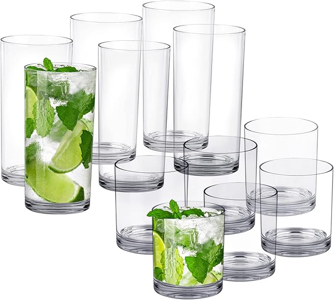 12 Pack Plastic cups, Clear Tumblers, 6 each: 12 ounce and 16 ounce Water Drinking Cups, Reusable Drinking Glasses Set