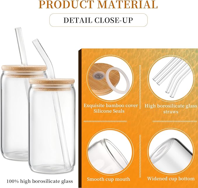 Glass Cups with Lids and Straws 4 pcs,16oz Drinking Glasses Set for Coffee Bar Accessories Iced Coffee Cups with Lids,Glass Tumbler Reusable for Gifts