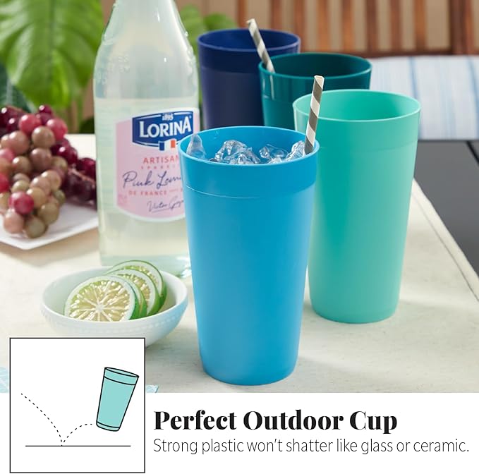 20 ounce Unbreakable Plastic Stackable Water Tumblers in 4 Coastal Colors | Set of 12 Drinking Cups | Reusable, BPA-free, Top-rack Dishwasher and Microwave Safe