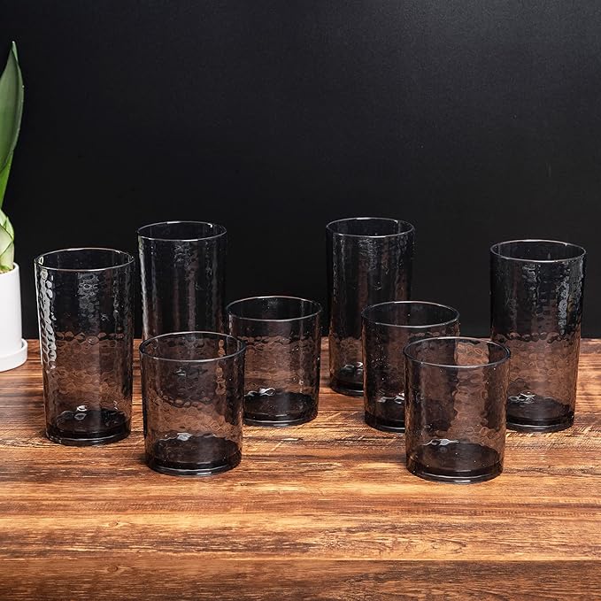 14-ounce and 20-ounce Acrylic Glasses Plastic Tumbler, set of 8 Smoky Grey - Hammered Style, Dishwasher Safe, BPA Free