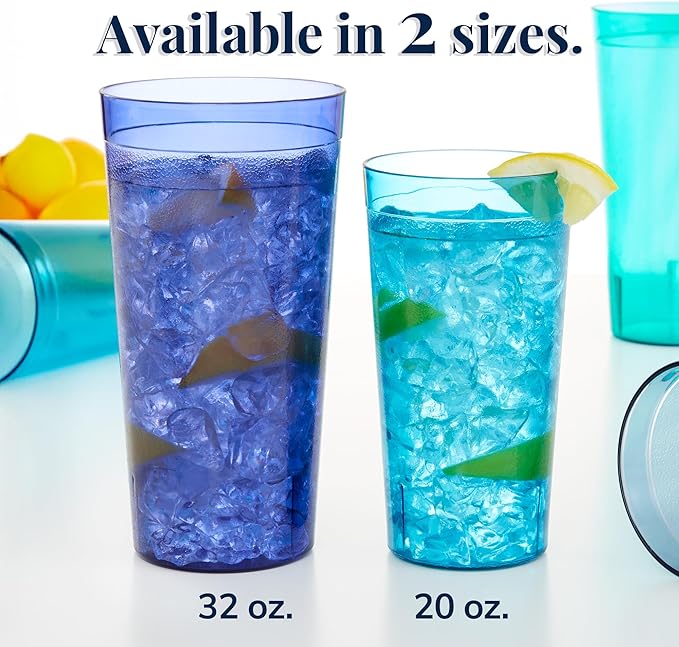 Cafe Plastic Reusable Tumblers (Set of 16) 20-ounce Water Cups Coastal Colors | Restaurant Style Drinking Glasses Value Set, Stackable, BPA-free,Top-rack Dishwasher Safe