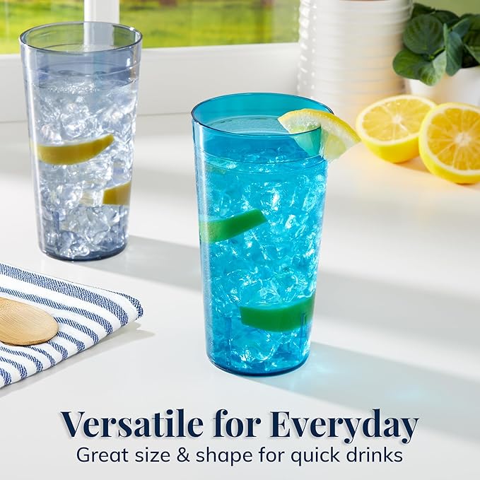 Cafe Plastic Reusable Tumblers (Set of 16) 20-ounce Water Cups Coastal Colors | Restaurant Style Drinking Glasses Value Set, Stackable, BPA-free,Top-rack Dishwasher Safe